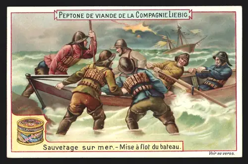 Sammelbild Liebig, Sauvetage sur mer, Mise á flot du bateau