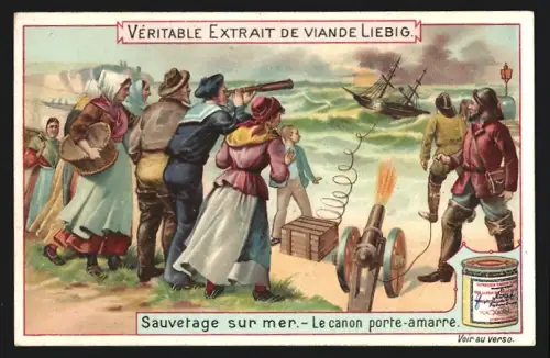 Sammelbild Liebig, Sauvetage sur mer, Le canon porte-amarre