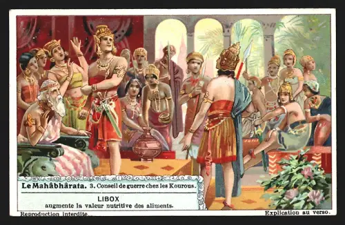 Sammelbild Liebig, Le Mahâbhârata, Conseil de guerre chez les Kourous