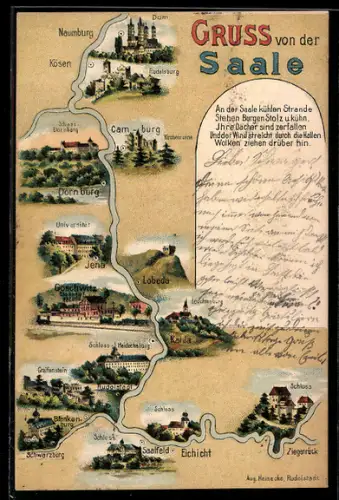 Lithographie Naumburg /Saale, Rudelsburg, Dornburg, Jena, Saalfeld, verschiedene Ortsansichten