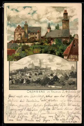 Lithographie Cronberg im Taunus, Burg, Kirche, Stadtansicht