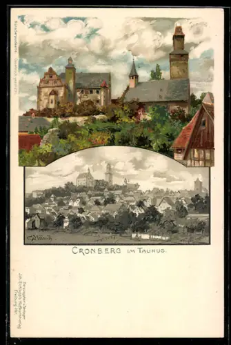 Künstler-AK Carl Münch: Cronberg im Taunus, Burg, Ortsansicht