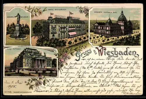 Lithographie Wiesbaden, Denkmal Wilhelm I., Hotel Kaiserhof, Augusta Victoria Bad, Königl. Hoftheater