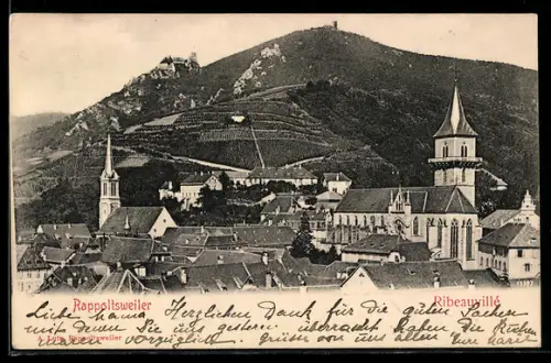 AK Rappoltsweiler, Panorama mit Kirchen, Weinbergen und Burgruine