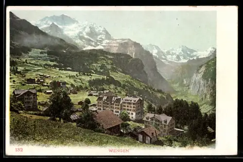 AK Wengen, Bergdorf mit Alpenpanorama und Talblick