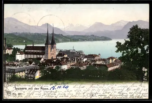 AK Luzern, Teilansicht der Stadt mit Blick auf die Alpen