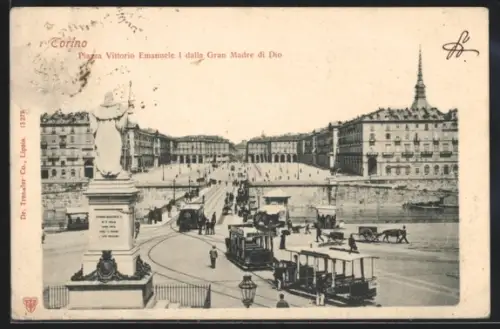 AK Torino, Piazza Vittorio Emanuele I. dalla Gran Madre di Dio, Pferdebahn