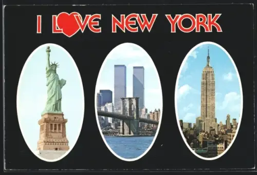 AK New York, NY, Statue of Liberty, World Trade Center and Empire State Building