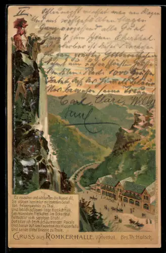 Lithographie Oker, Gasthaus Romkerhalle, Bes. Th. Hulsch, Blick in das Okertal