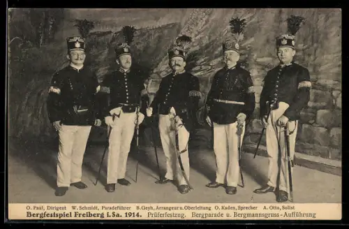 AK Freiberg i. Sa., Bergfestspiel 1914, Prüferfestzug, Bergparade, Bergmannsgruss-Aufführung