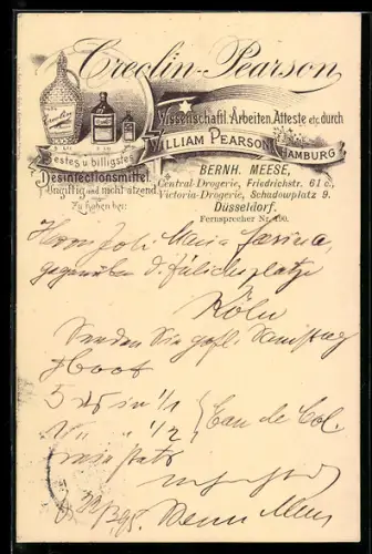 Vorläufer-Lithographie Düsseldorf, 1895, Bernh. Meese Central-Drogerie, Friedrichstrasse 61c, Victoria-Drogerie