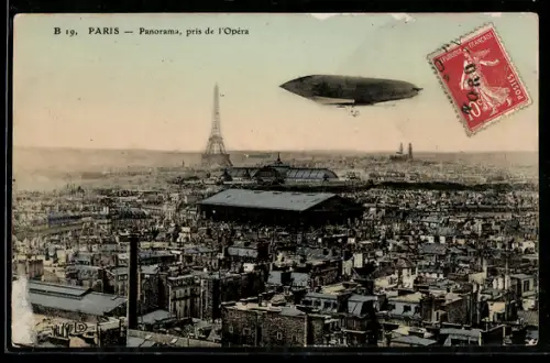 AK Paris, Zeppelin im Fluge über der Stadt, Blick auf die Oper und Eiffelturm