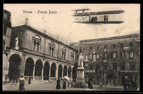 AK Verona, Doppeldecker-Flugzeug im Fluge über dem Dante-Platz