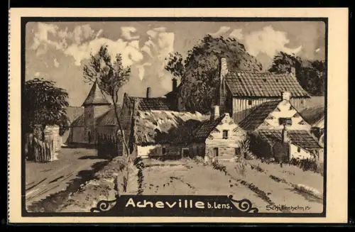 AK Acheville b. Lens, Ortsansicht mit Kirche und Bauernhäusern