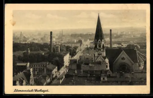 AK Litzmannstadt /Warthegau, Stadtpanorama mit Kirche und Schornsteinen