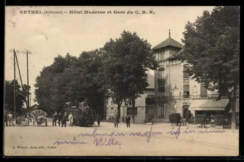 AK Rethel /Ardennes, Hôtel Moderne et Gare du C. B. R