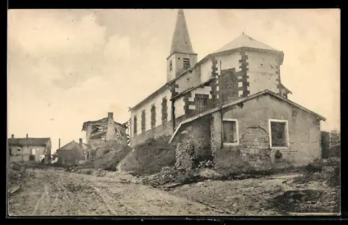 AK Bourconville, Zerstörte Gebäude und Dorfkirche