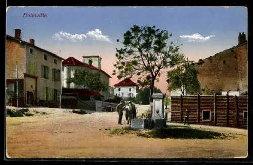 AK Halloville, Dorfplatz mit Brunnen und Personen