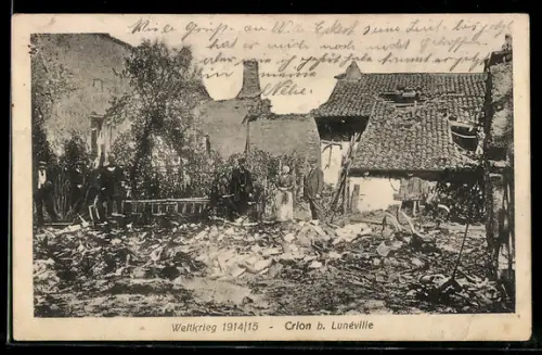 AK Crion b. Lunéville, Zerstörte Häuser