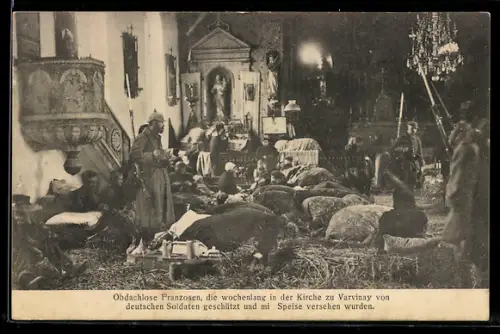 AK Varvinay, Obdachlose Franzosen in der Kirche von deutschen Soldaten geschützt