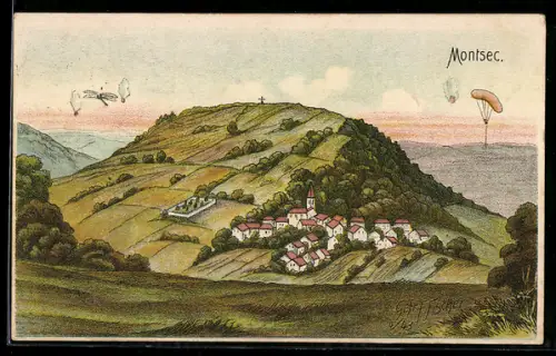 Künstler-AK Montsec, Dorf am Hang mit Kirche und Fallschirmspringern