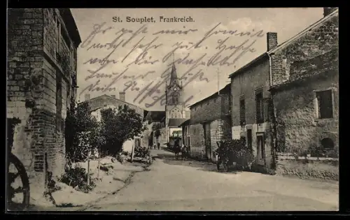 AK St. Souplet, Dorfstrasse mit Kirche