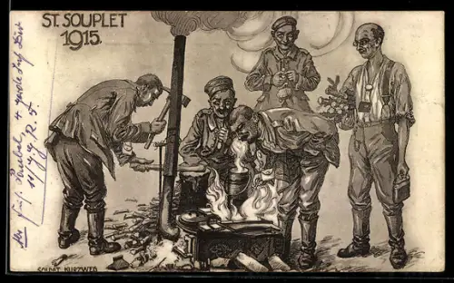 AK St Souplet, Feldgraue Geniesser