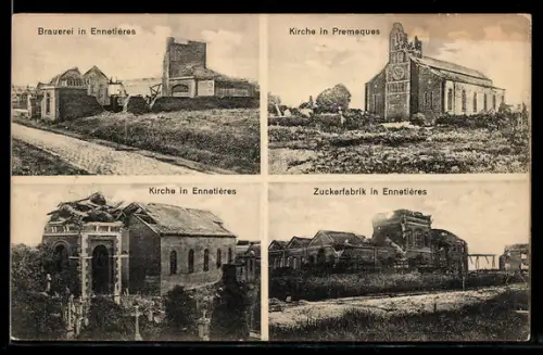 AK Ennetières, Zuckerfabrik, Kirche und Brauerei