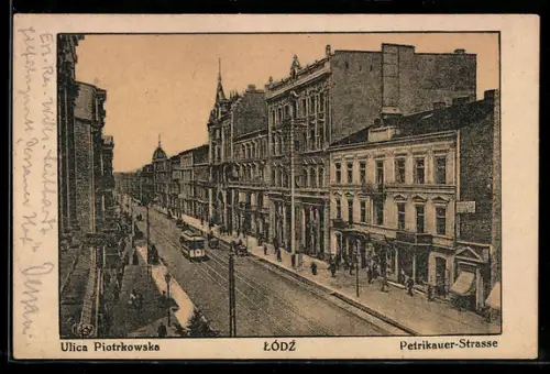 AK Lódz, Ulica Piotrkowska, Strassenbahn