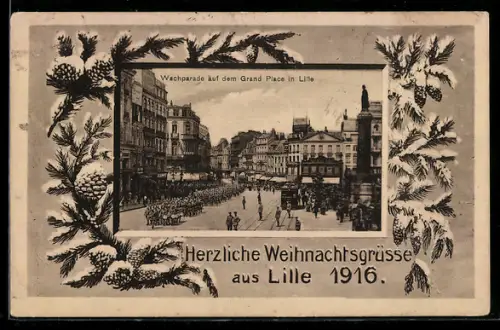 AK Lille, Wachparade auf dem Grand Place, Strassenbahn