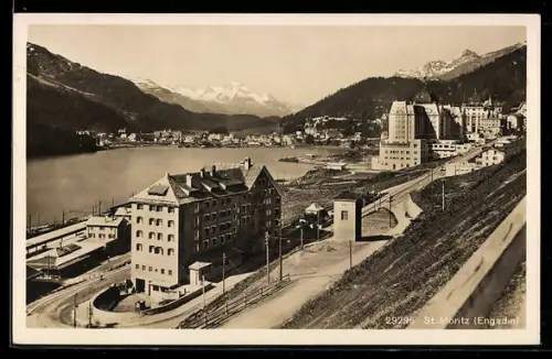 AK St. Moritz /Engadin, Seepanorama mit Bergkulisse