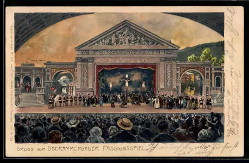 Lithographie Oberammergau, Passionsspiele 1890, Kreuzigung