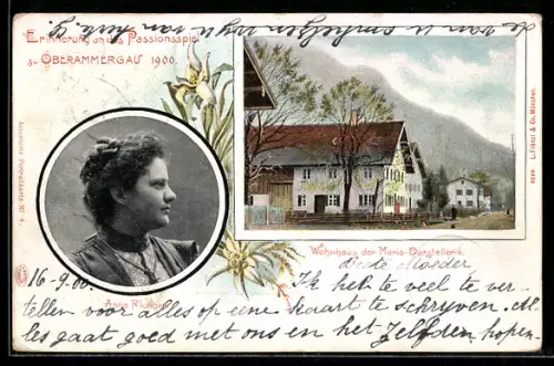 Lithographie Oberammergau, Passionsspiele 1900, Anna Flunger, Wohnhaus der Maria-Darstellerin