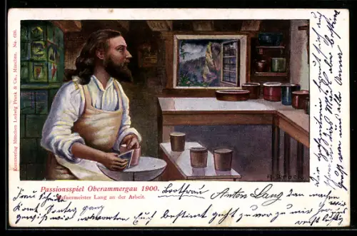 AK Oberammergau, Passionsspiel 1900, Hafnermeister Lang an der Arbeit