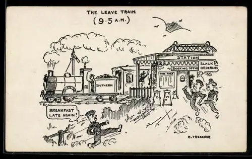 Künstler-AK sign. H. Treacher: Männer rennen zum Bahnhof