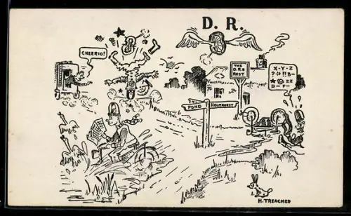 Künstler-AK sign. H. Treacher: Chaotische Wegkreuzung mit Wegweiser