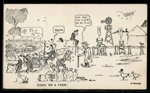Künstler-AK sign. H. Treacher: Soldaten arbeiten auf einem Feld
