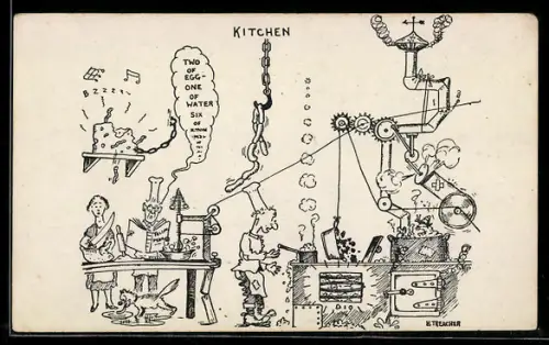 Künstler-AK sign. H. Treacher: Eine chaotische Küchenszene