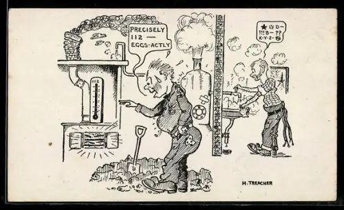 Künstler-AK sign. H. Treacher: Mann am Boiler mit Thermometer