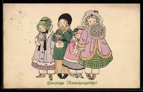 Künstler-AK M. Munk Nr. 1081: Kinder mit Geschenken und Blumenstrauss