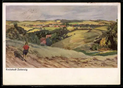 Künstler-AK Zielenzig, Ortsansicht von der Feldflur aus
