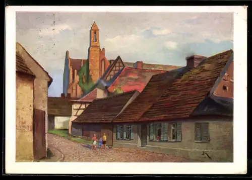 Künstler-AK Königsberg /Nm., Strassenpartie mit Blick auf das Augustiner-Einsiedler-Kloster