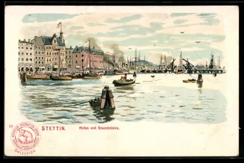 Lithographie Stettin, Baumbrücke und Hafen mit Segelbooten