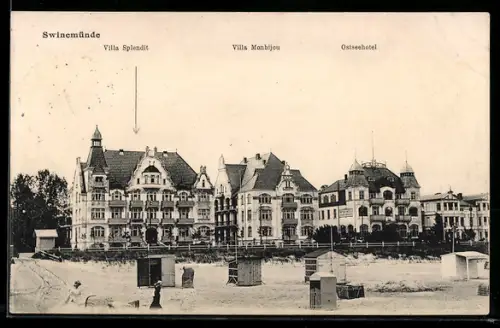 AK Swinemünde, Blick auf Villa Splendit, Villa Monbijou und das Ostseehotel