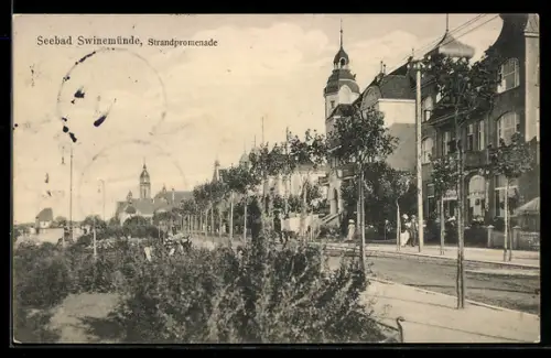 AK Swinemünde, Strandpromenade mit Hotels