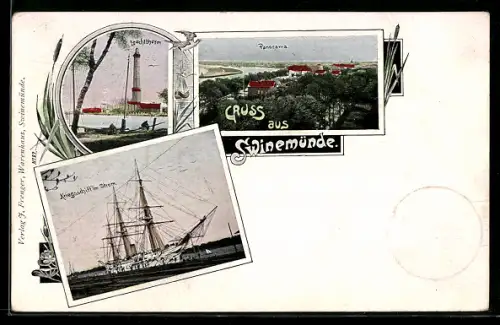 AK Swinemünde, Leuchtturm, Kriegsschiff im Hafen, Panorama des Ortes