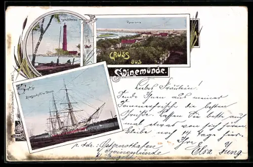AK Swinemünde, Leuchtturm, Kriegsschiff im Hafen, Panorama des Ortes