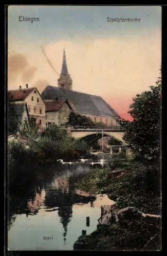 AK Ehingen, Stadtpfarrkirche, Brücke über einem Fluss