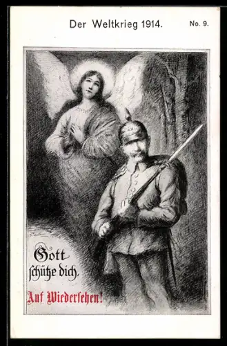 AK Soldat in Uniform mit Pickelhaube und Gewehr vor Engelserscheigung