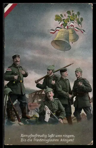 AK Soldaten der Infanterie in Uniform mit Pickelhaube und Gewehr, Glocke mit Fahnenband